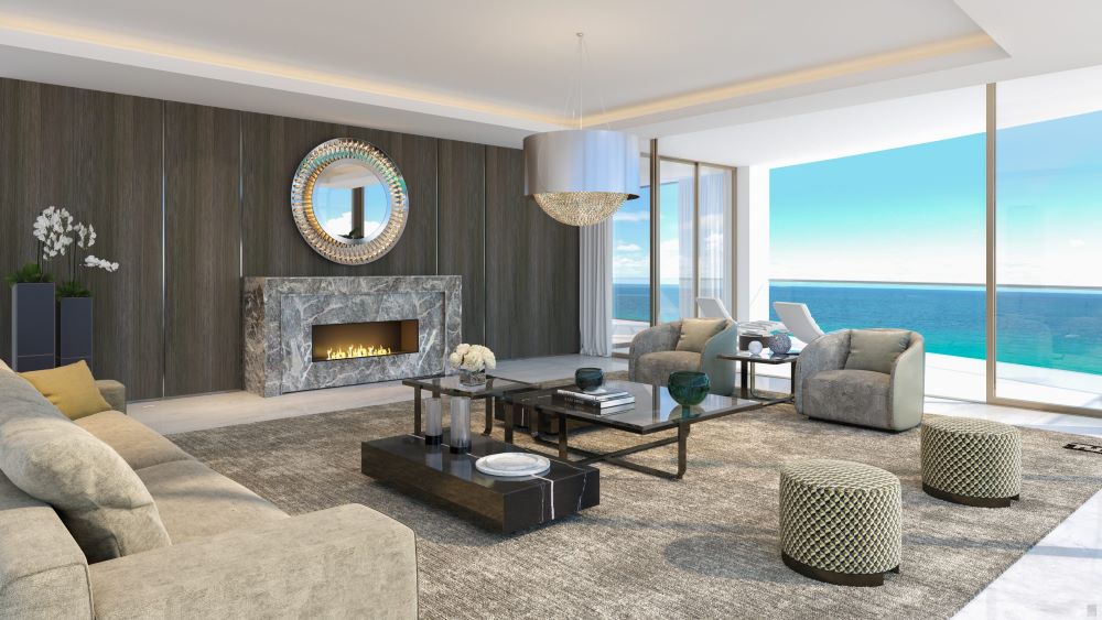 Amalfi Living Room with Fireplace Estates at Acqualina